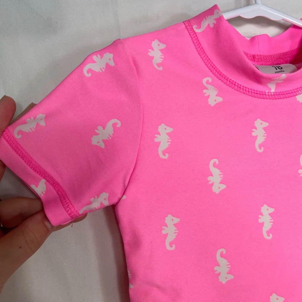 Carter’s baby girl’s neon pink seahorse print swimsuit beach pool top shirt 18mo